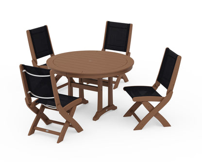 POLYWOOD® Coastal Folding Side Chair 5-Piece Round Dining Set With Trestle Legs in Teak / Black Sling