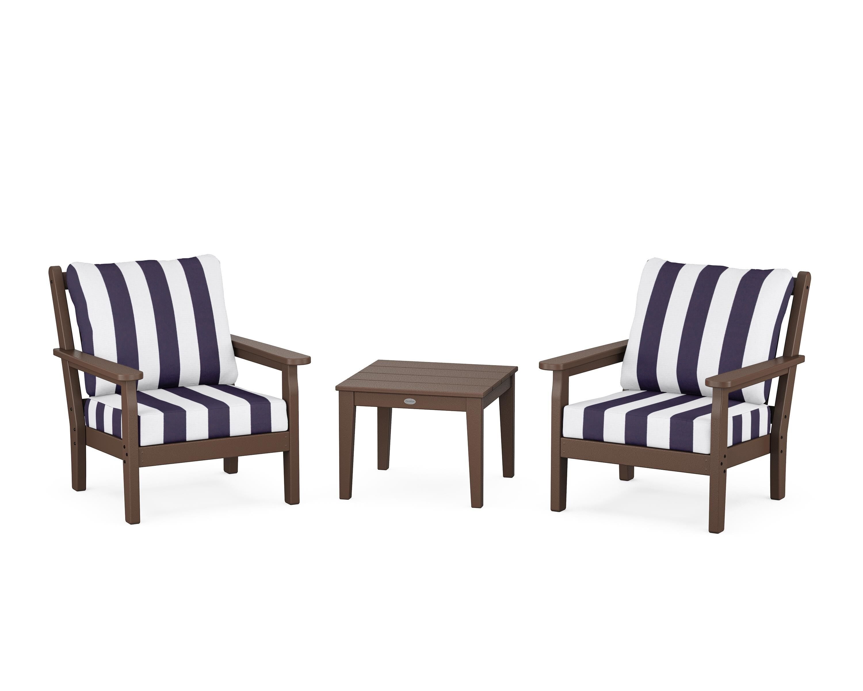 POLYWOOD® Chippendale 3-Piece Deep Seating Set in Mahogany / Cabana Stripe Navy