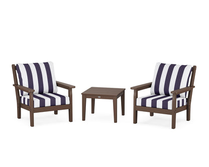POLYWOOD® Chippendale 3-Piece Deep Seating Set in Mahogany / Cabana Stripe Navy