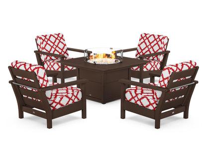 POLYWOOD® Harbour 5-Piece Conversation Set with Fire Pit Table in Mahogany / Trellis Crimson