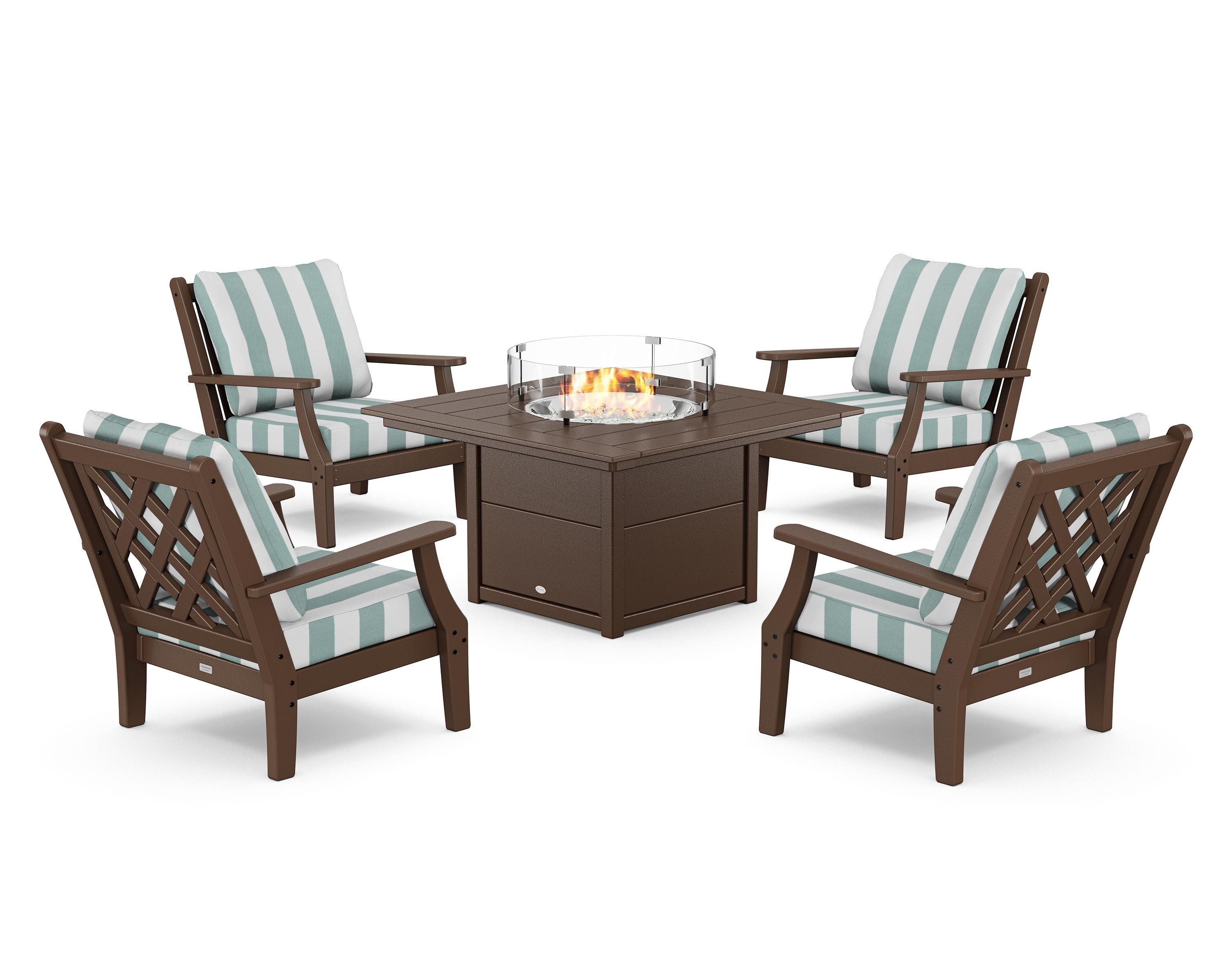 Country Living Wovendale 5-Piece Deep Seating Set with Fire Pit Table in Mahogany / Cabana Stripe Glacier Spa