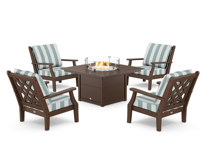 Country Living Wovendale 5-Piece Deep Seating Set with Fire Pit Table in Mahogany / Cabana Stripe Glacier Spa