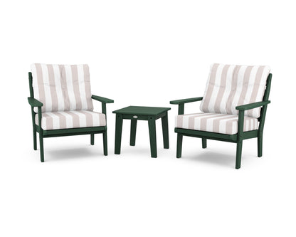 POLYWOOD® Lakeside 3-Piece Deep Seating Chair Set in Green / Cabana Stripe Dune Burlap