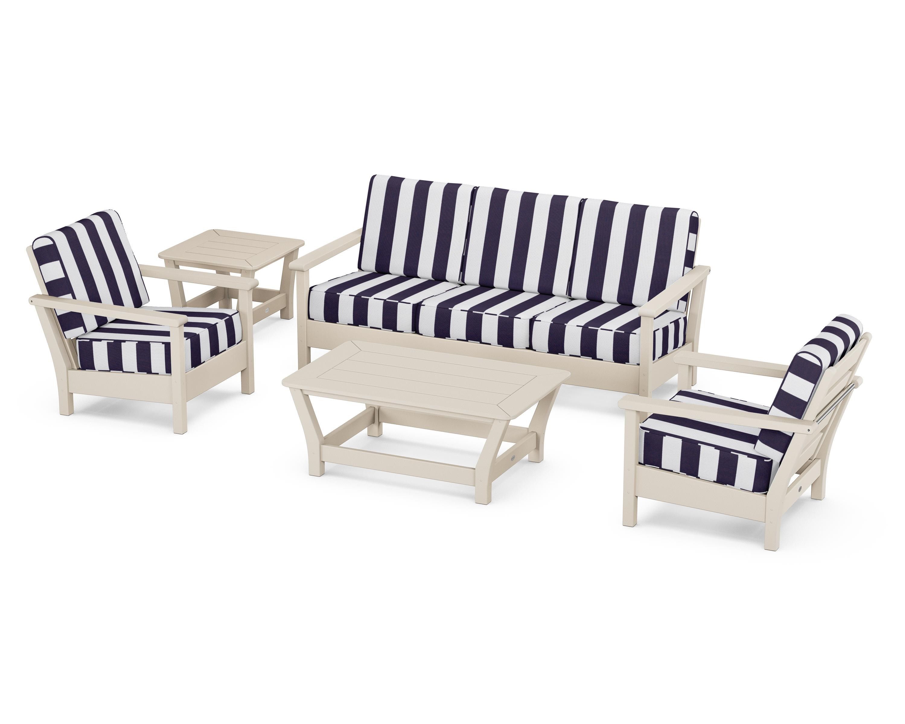 POLYWOOD® Harbour 5-Piece Deep Seating Set in Sand / Cabana Stripe Navy