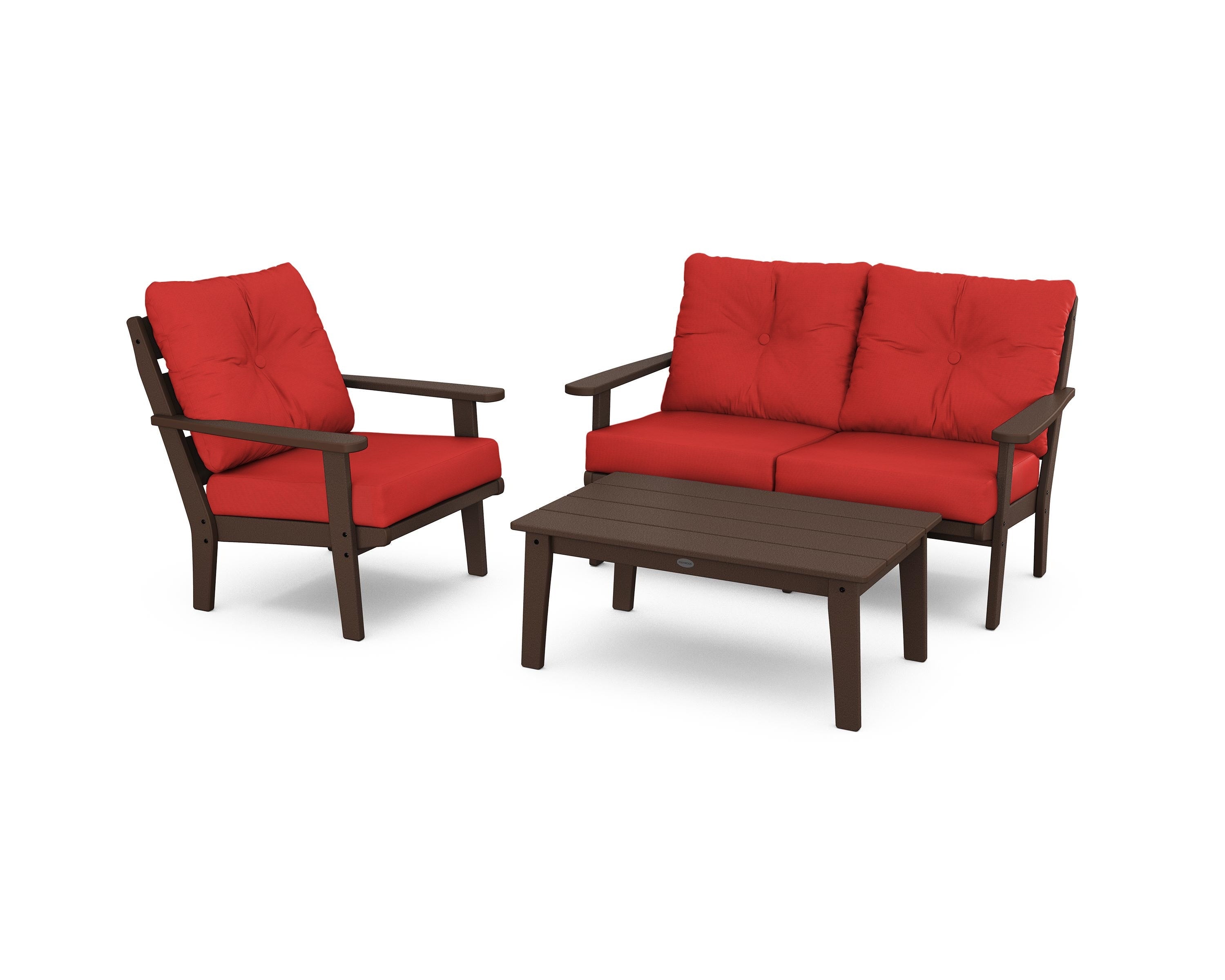 POLYWOOD® Lakeside 3-Piece Deep Seating Set in Mahogany / Crimson Linen