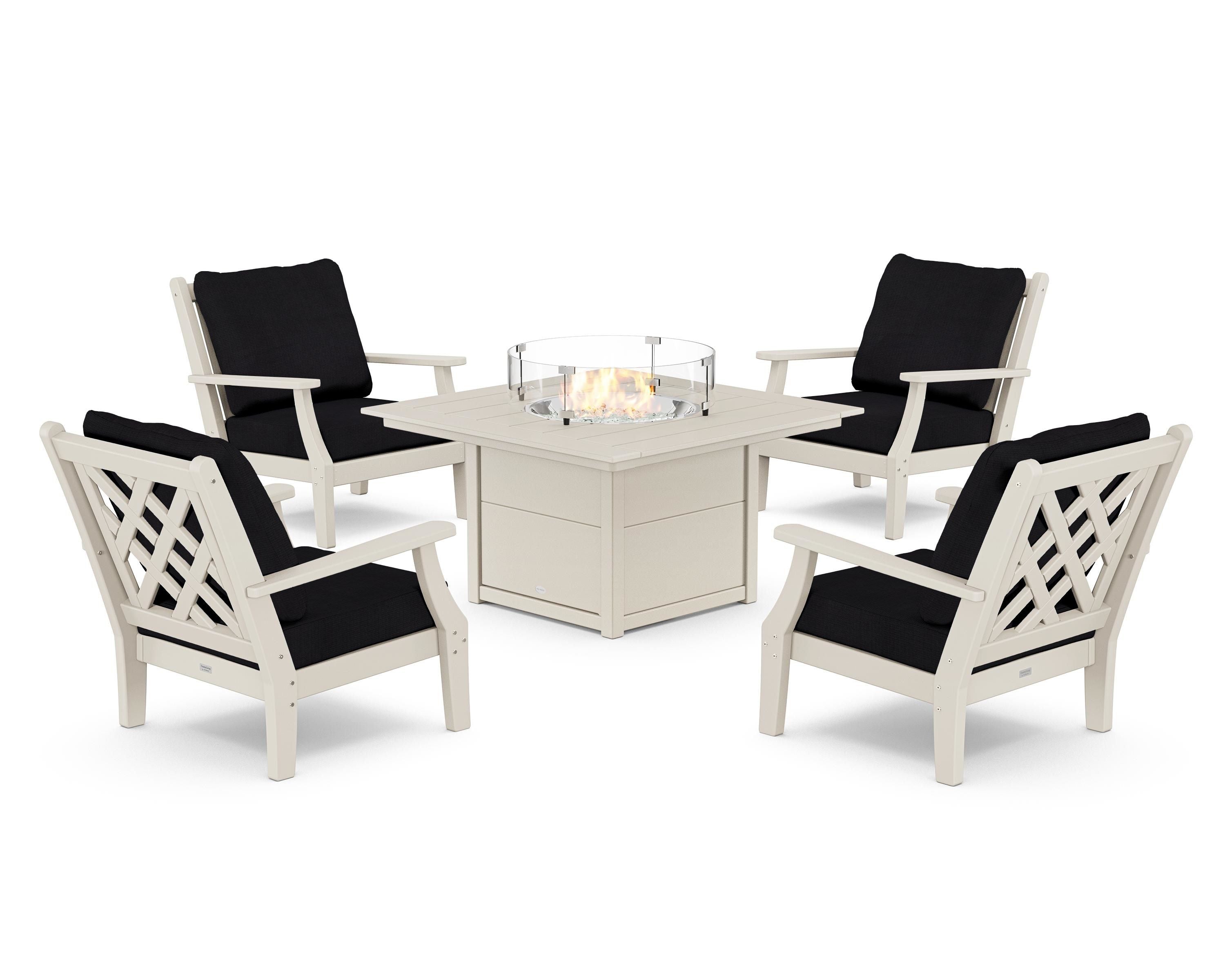 Country Living Wovendale 5-Piece Deep Seating Set with Fire Pit Table in Sand / Midnight Linen