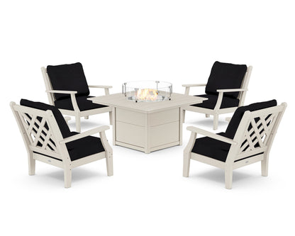 Country Living Wovendale 5-Piece Deep Seating Set with Fire Pit Table in Sand / Midnight Linen