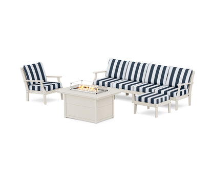 POLYWOOD® Braxton Sectional Lounge and Fire Pit Set in Sand / Cabana Stripe Marine Indigo