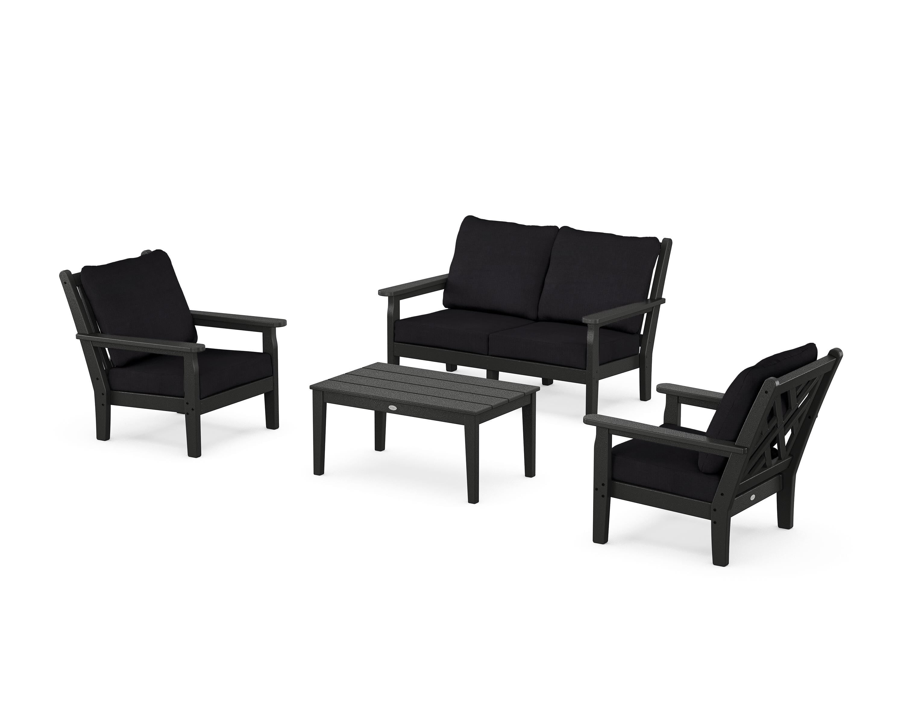 POLYWOOD® Chippendale 4-Piece Deep Seating Set with Loveseat in Black / Midnight Linen