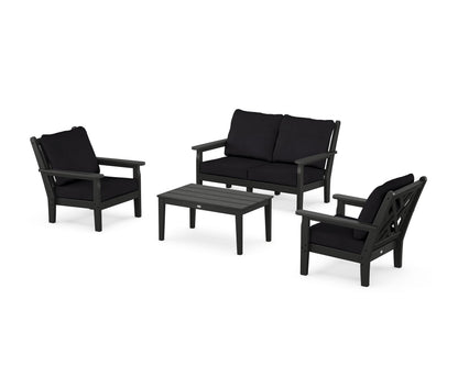 POLYWOOD® Chippendale 4-Piece Deep Seating Set with Loveseat in Black / Midnight Linen