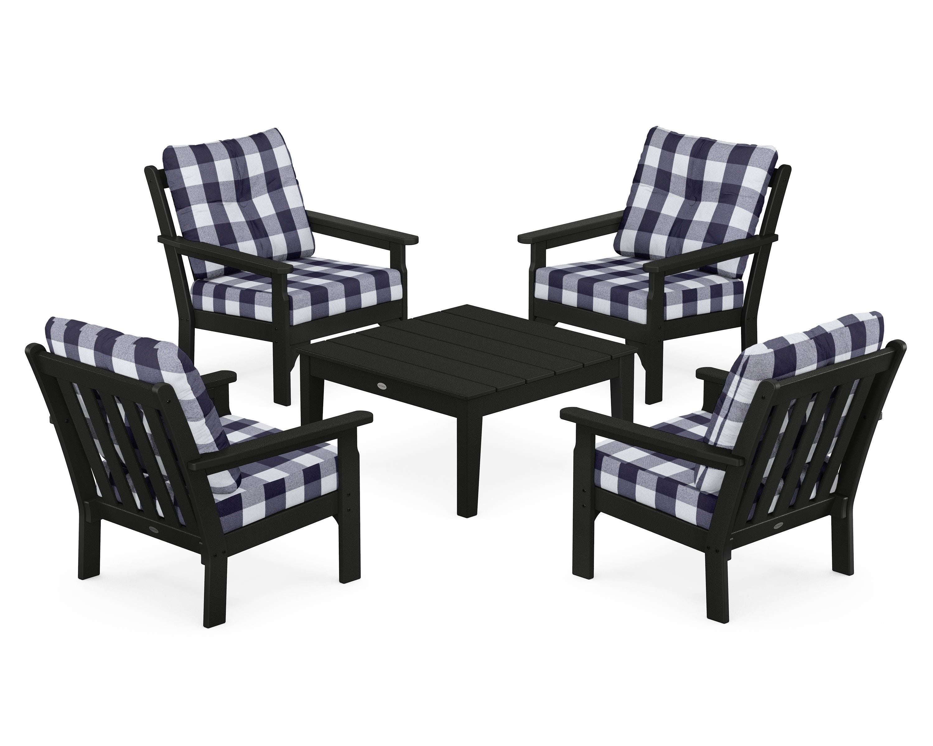 POLYWOOD® Vineyard 5-Piece Deep Seating Conversation Set in Black / Buffalo Plaid Navy