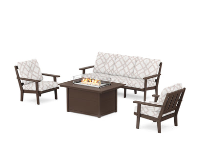 POLYWOOD® Oxford Deep Seating Fire Pit Table Set in Mahogany / Trellis Dune Burlap