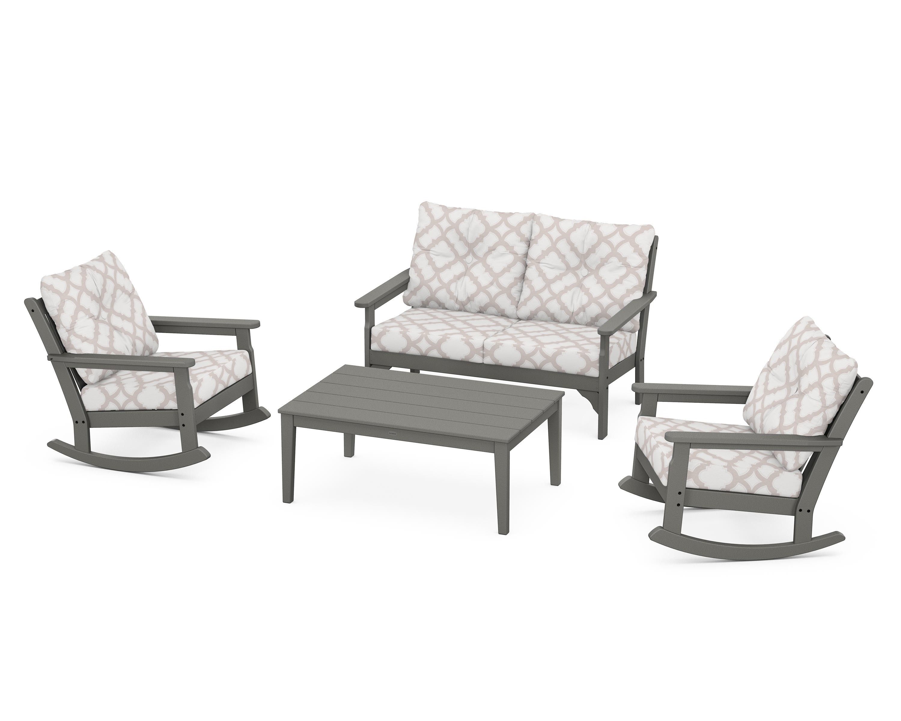 POLYWOOD® Vineyard 4-Piece Deep Seating Rocking Chair Set in Slate Grey / Trellis Dune Burlap
