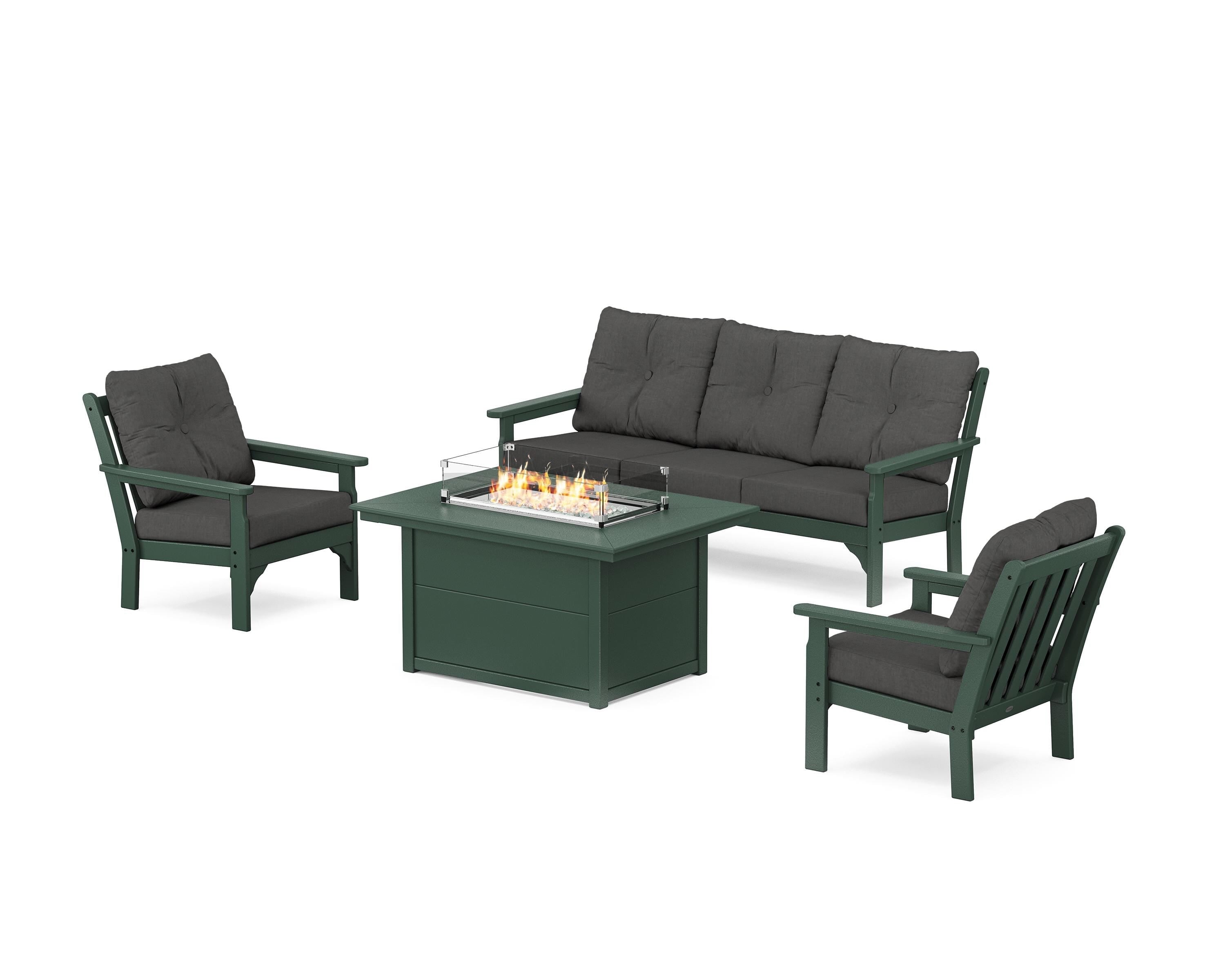 POLYWOOD® Vineyard Deep Seating Fire Pit Table Set in Green / Spectrum Carbon