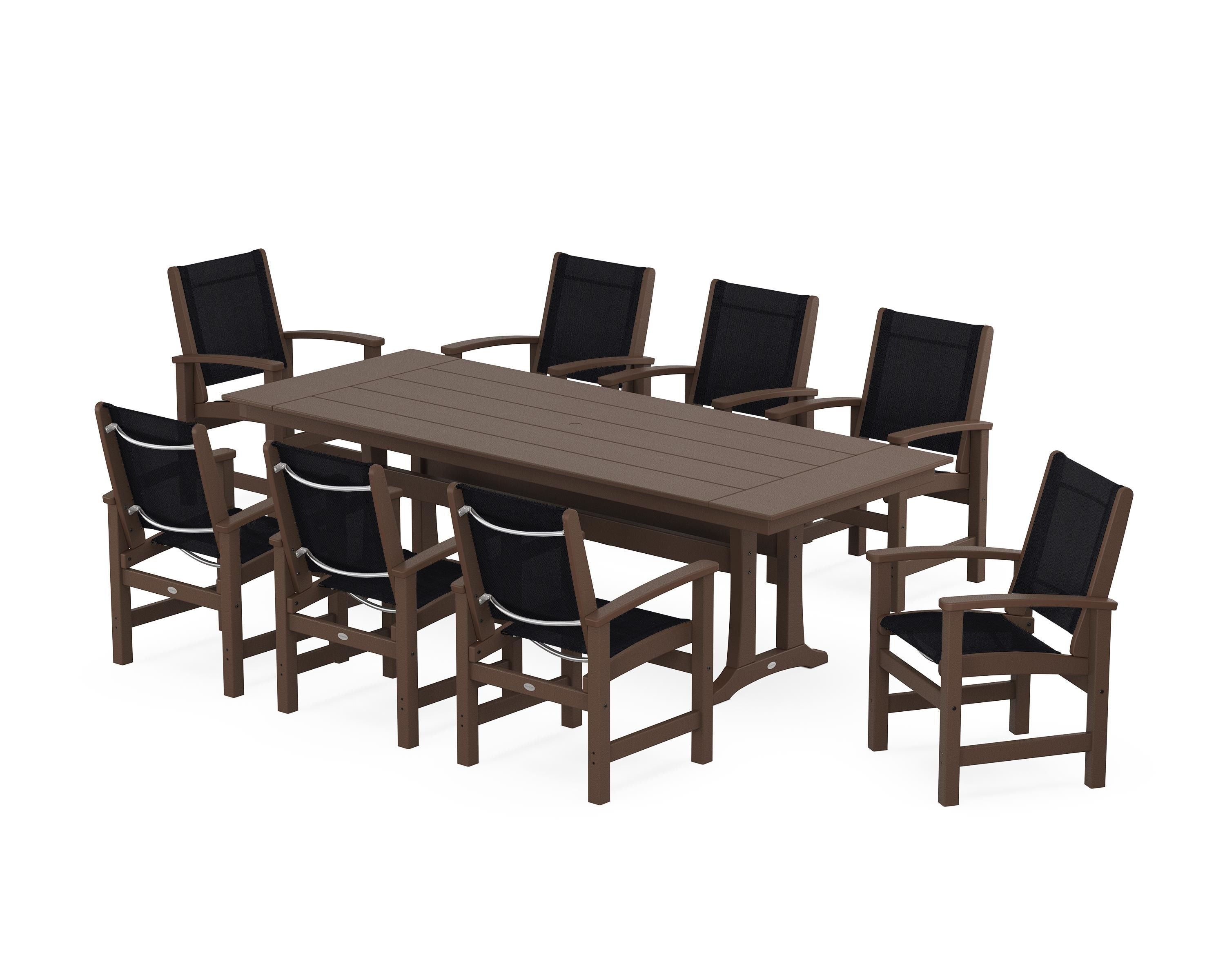 POLYWOOD® Coastal 9-Piece Farmhouse Dining Set with Trestle Legs in Mahogany / Black Sling