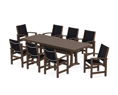 POLYWOOD® Coastal 9-Piece Farmhouse Dining Set with Trestle Legs in Mahogany / Black Sling