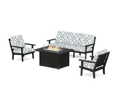 POLYWOOD® Oxford Deep Seating Fire Pit Table Set in Black / Trellis Glacier Spa