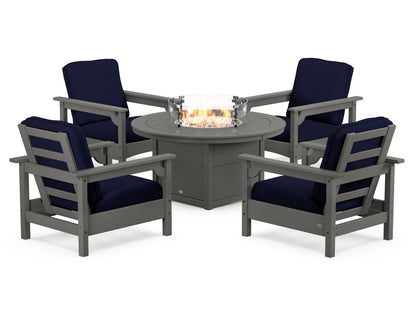 POLYWOOD® Club 5-Piece Conversation Set with Fire Pit Table in Slate Grey / Navy