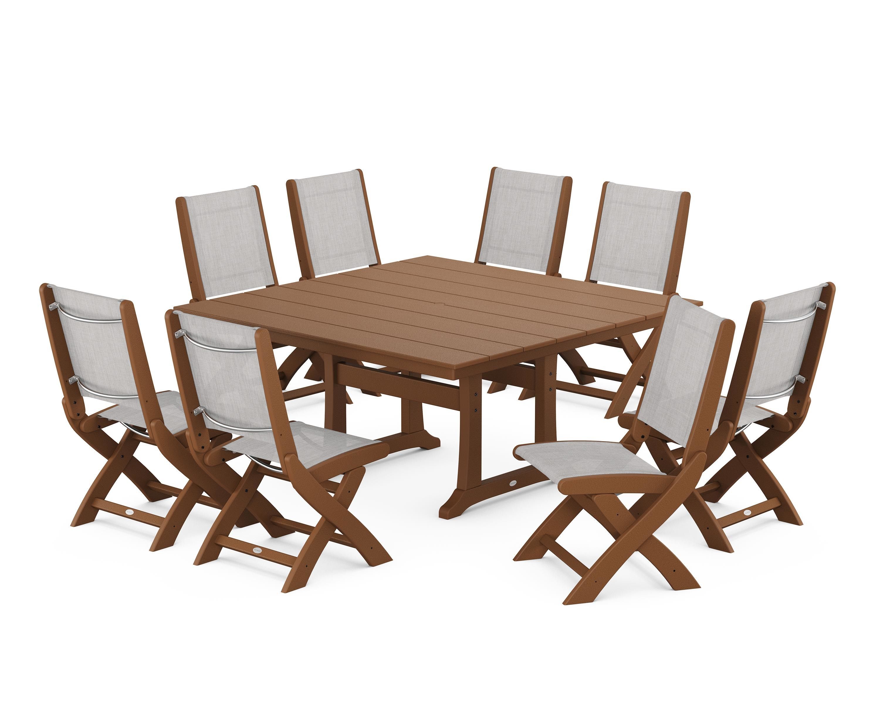 POLYWOOD® Coastal Folding Side Chair 9-Piece Farmhouse Dining Set in Teak / Parchment Sling