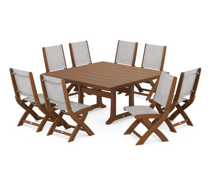 POLYWOOD® Coastal Folding Side Chair 9-Piece Farmhouse Dining Set in Teak / Parchment Sling