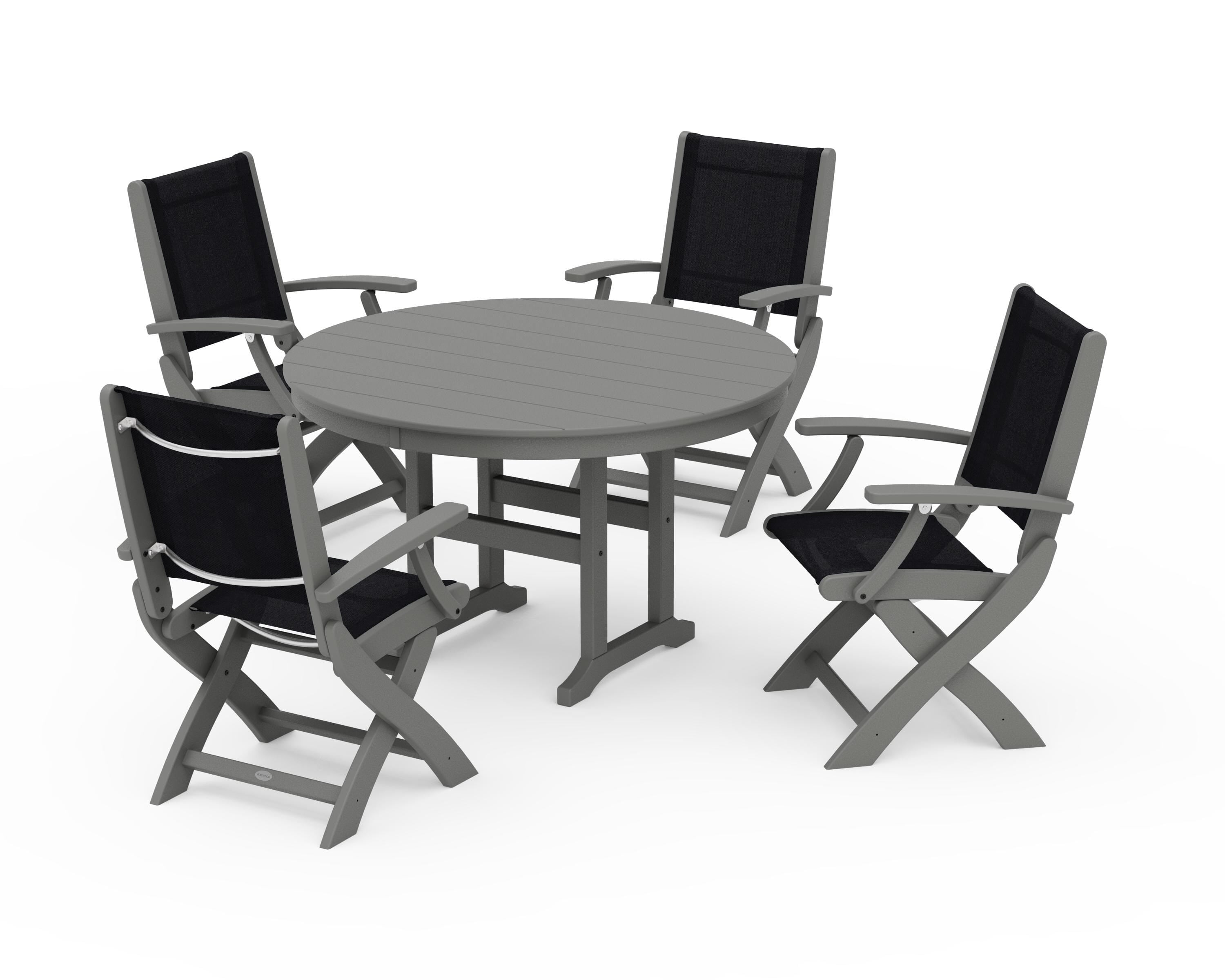 POLYWOOD® Coastal Folding Chair 5-Piece Round Dining Set in Slate Grey / Black Sling