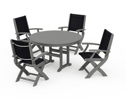POLYWOOD® Coastal Folding Chair 5-Piece Round Dining Set in Slate Grey / Black Sling