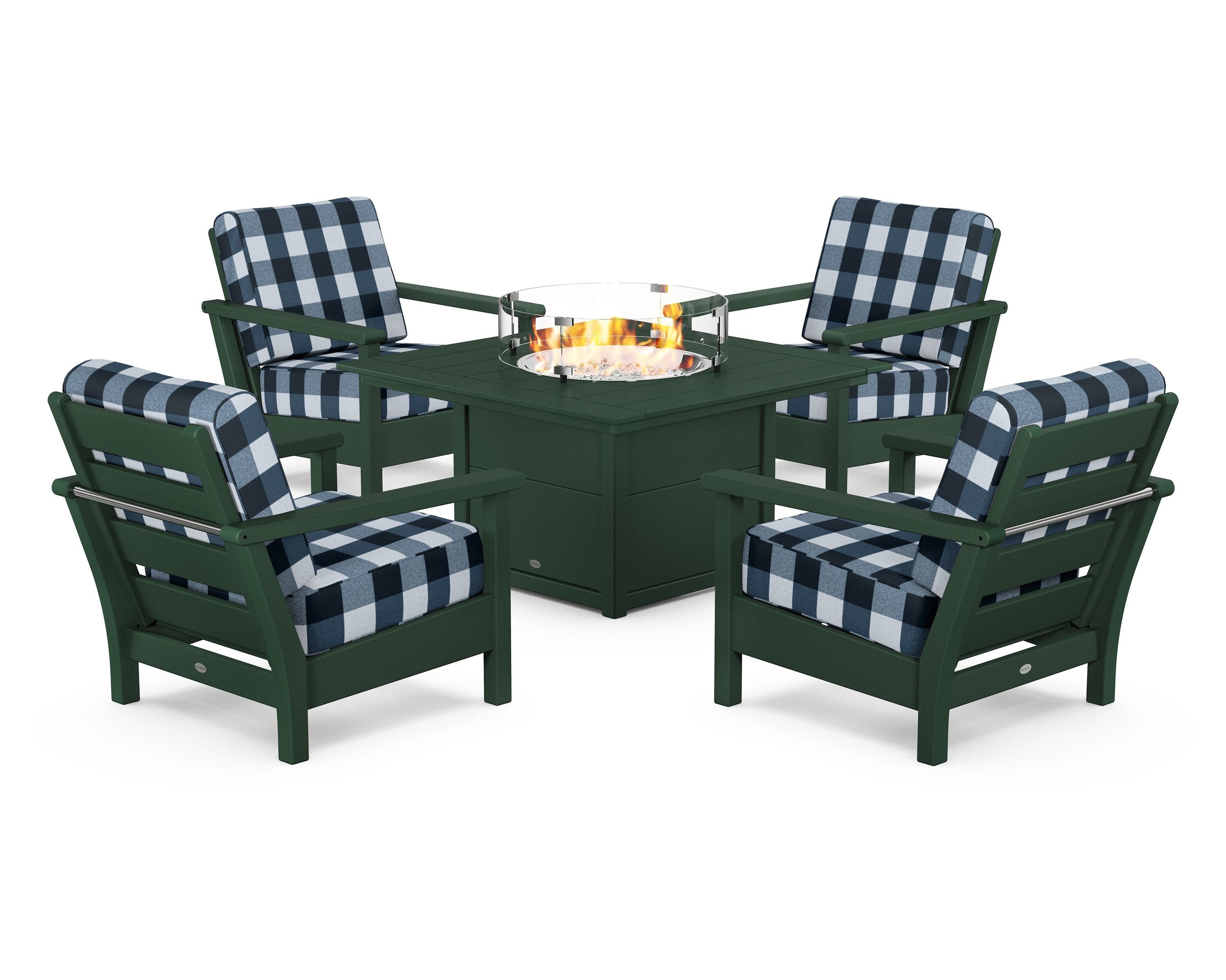 POLYWOOD® Harbour 5-Piece Conversation Set with Fire Pit Table in Green / Buffalo Plaid Marine Indigo
