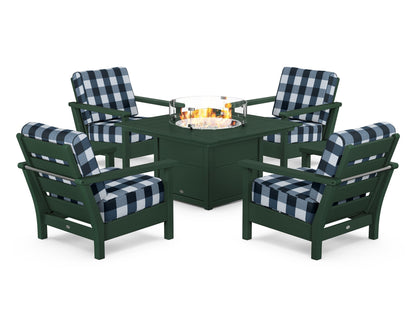 POLYWOOD® Harbour 5-Piece Conversation Set with Fire Pit Table in Green / Buffalo Plaid Marine Indigo