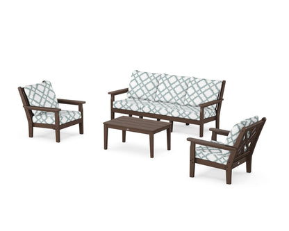 POLYWOOD® Chippendale 4-Piece Deep Seating Set with Sofa in Mahogany / Trellis Glacier Spa