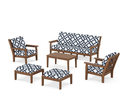 POLYWOOD® Chippendale 6-Piece Lounge Sofa Set in Teak / Trellis Marine Indigo