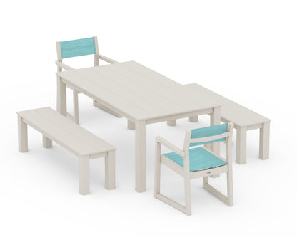 POLYWOOD® EDGE Sling Arm Chair 5-Piece Parsons Dining Set with Benches in Sand / Dupioni Aquamarine Sling