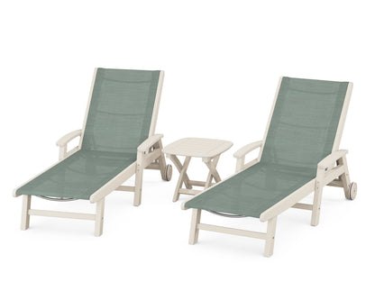 POLYWOOD® Coastal 3-Piece Wheeled Chaise Set in Sand / Dupioni Sea Mist Sling