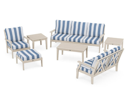 POLYWOOD® Braxton 7-Piece Deep Seating Set in Sand / Cabana Stripe Sky Blue