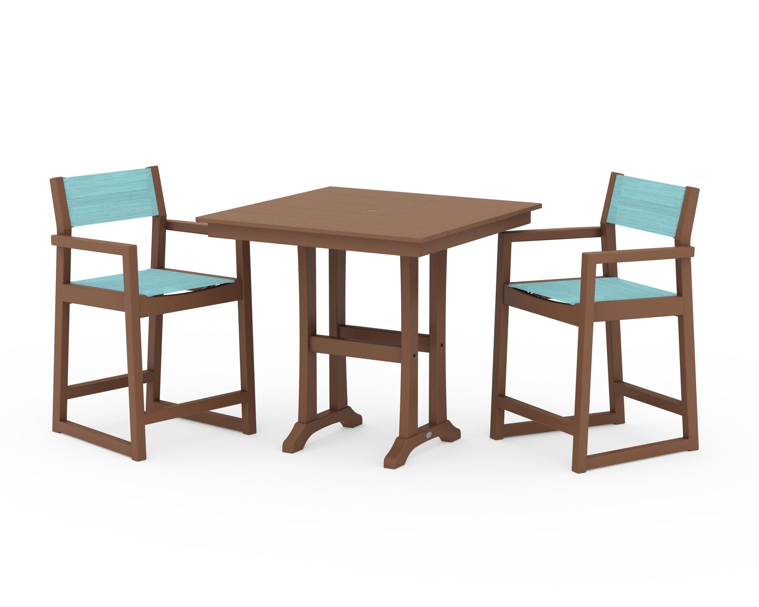 POLYWOOD® EDGE Sling Arm Chair 3-Piece Farmhouse Counter Set with Trestle Legs in Teak / Dupioni Aquamarine Sling