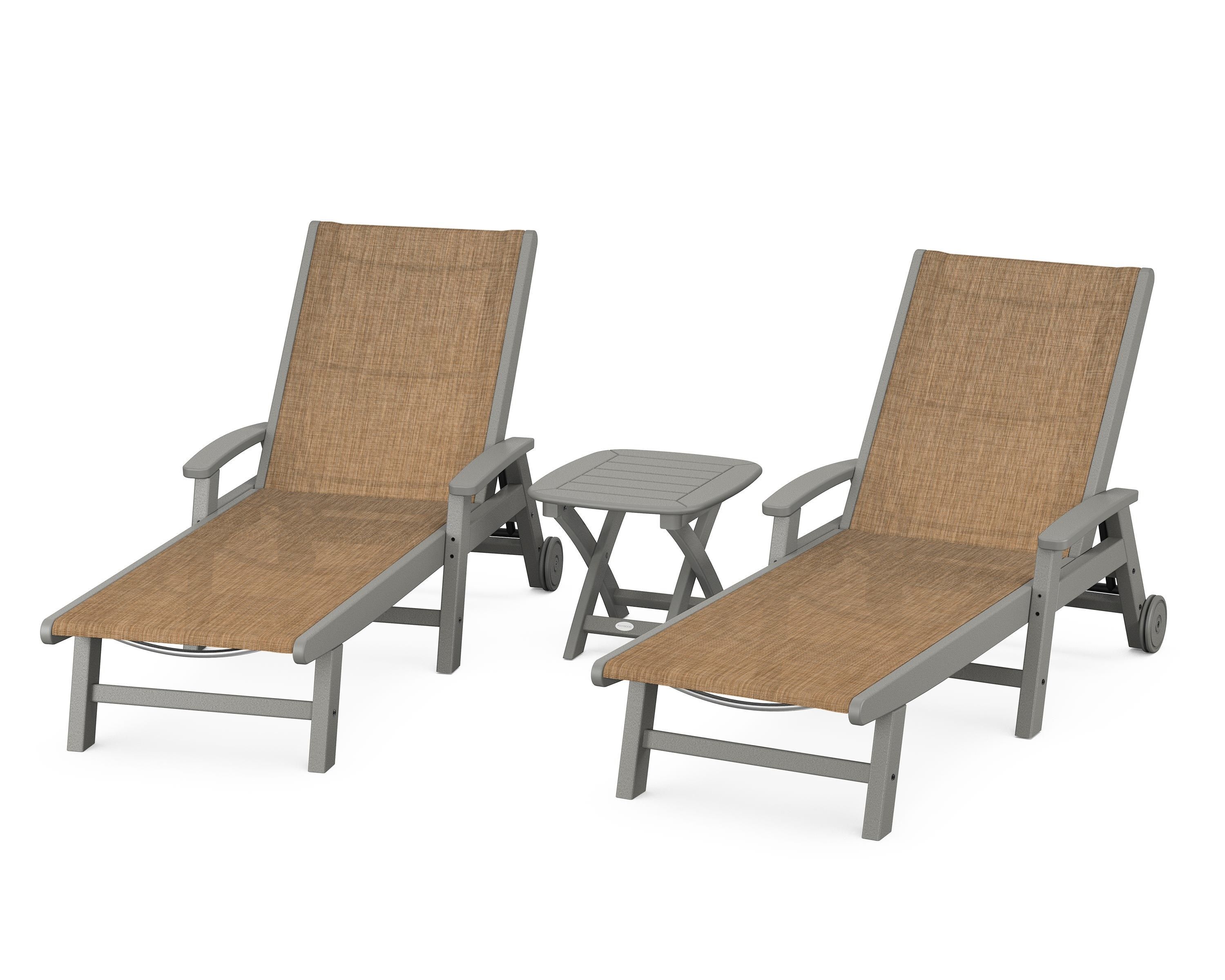 POLYWOOD® Coastal 3-Piece Wheeled Chaise Set in Slate Grey / Burlap Sling
