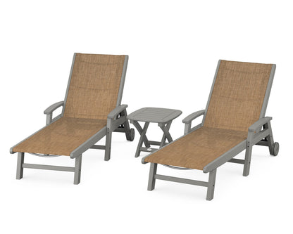POLYWOOD® Coastal 3-Piece Wheeled Chaise Set in Slate Grey / Burlap Sling