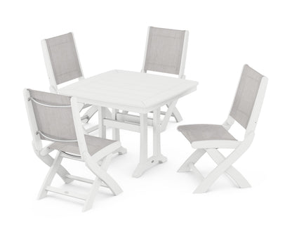 POLYWOOD® Coastal Folding Side Chair 5-Piece Dining Set with Trestle Legs in White / Parchment Sling