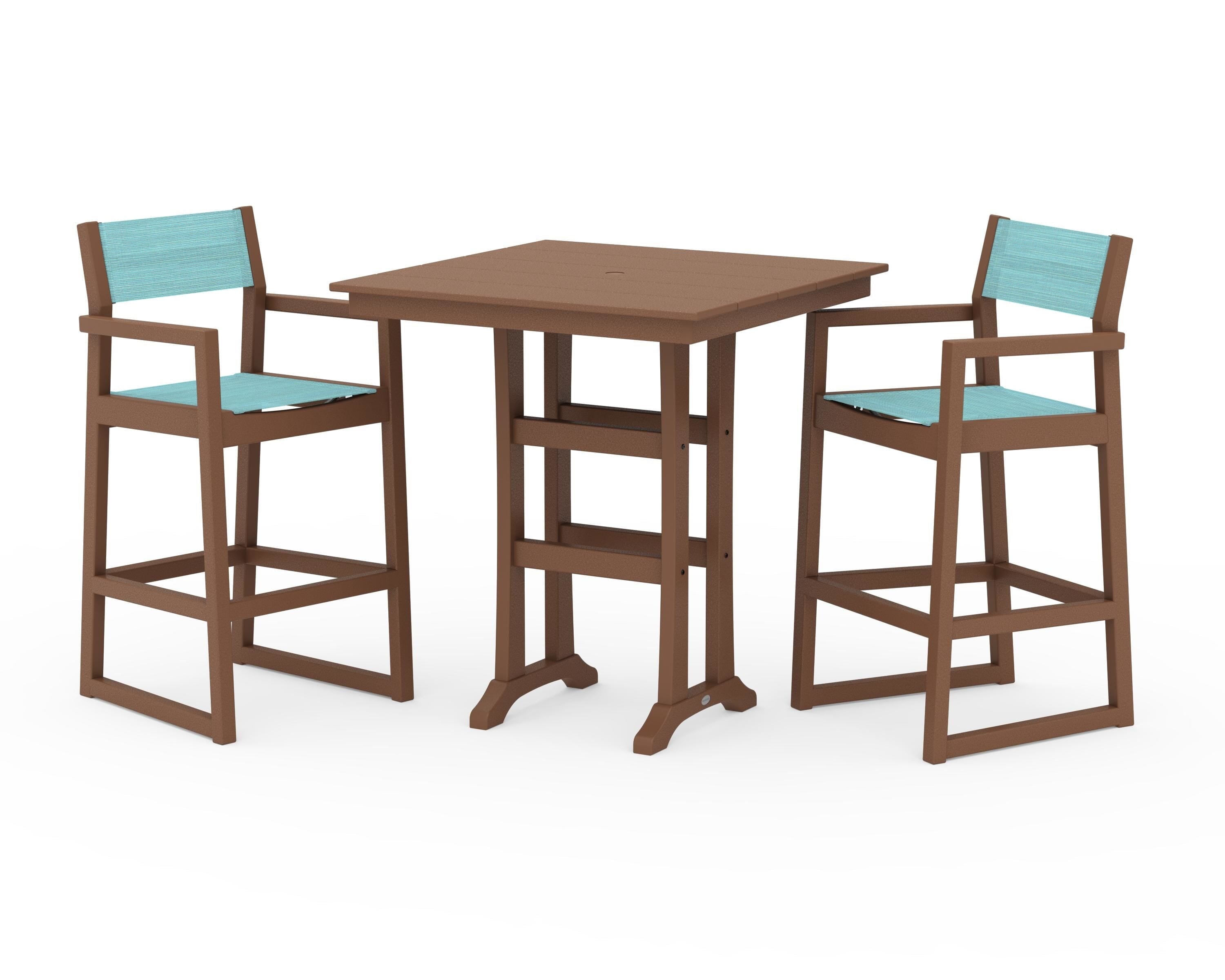 POLYWOOD® EDGE Sling Arm Chair 3-Piece Farmhouse Bar Set with Trestle Legs in Teak / Dupioni Aquamarine Sling
