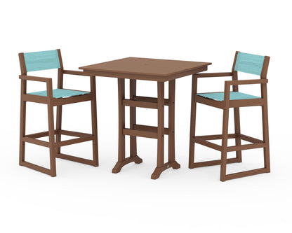 POLYWOOD® EDGE Sling Arm Chair 3-Piece Farmhouse Bar Set with Trestle Legs in Teak / Dupioni Aquamarine Sling