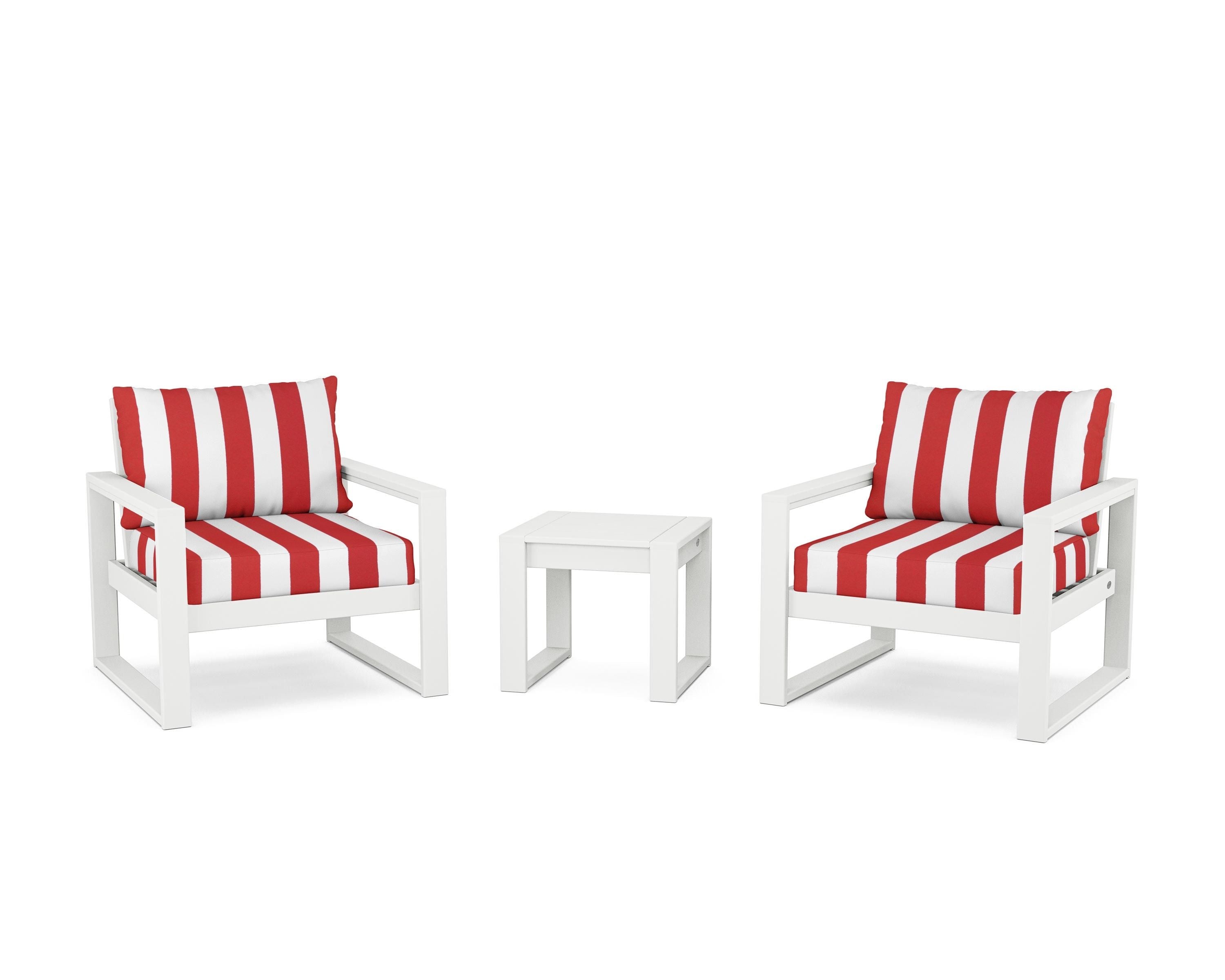 POLYWOOD® EDGE Sectional 3-Piece Deep Seating Set in White / Cabana Stripe Crimson