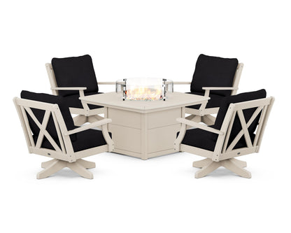 POLYWOOD® Braxton 5-Piece Deep Seating Swivel Conversation Set with Fire Pit Table in Sand / Midnight Linen