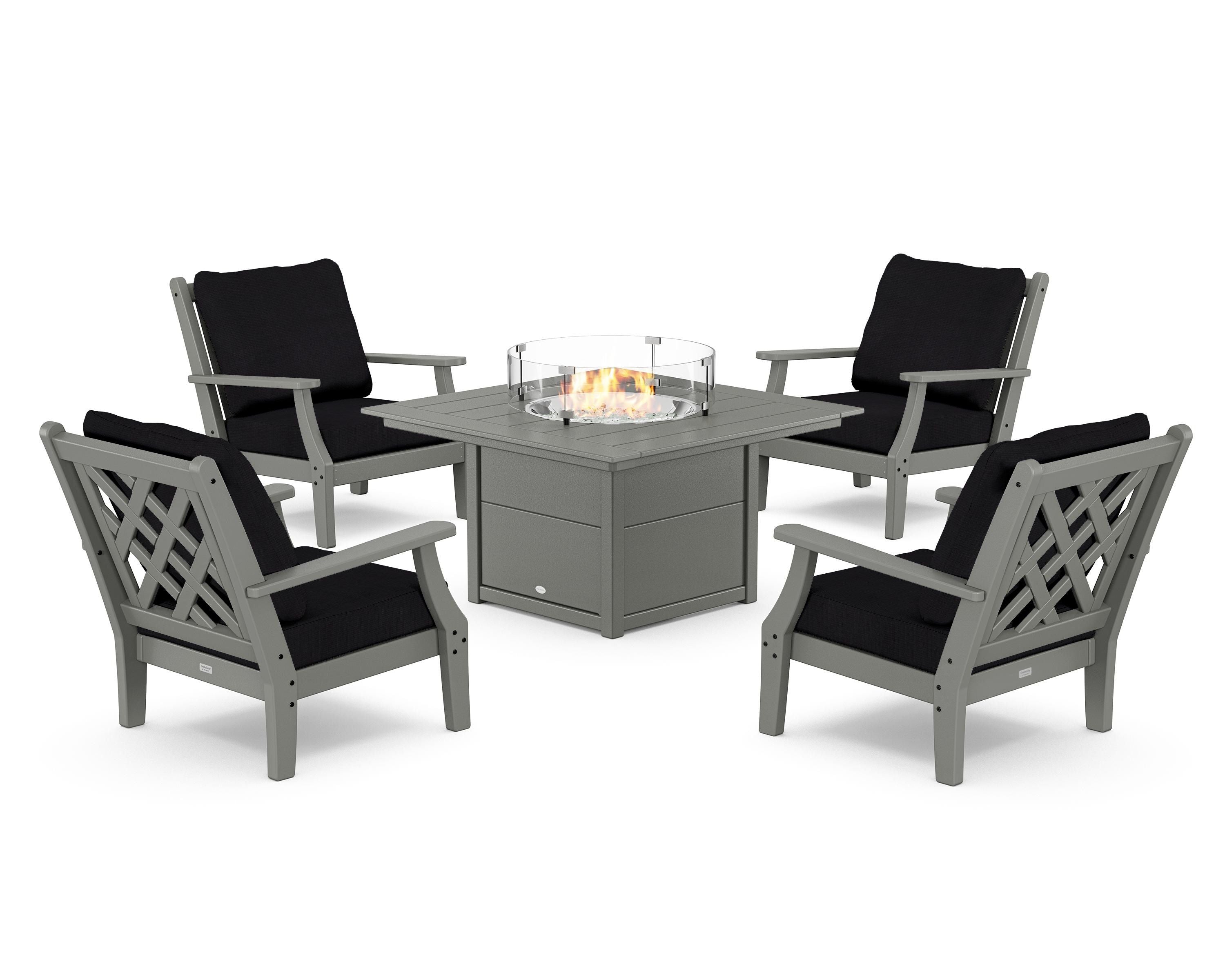 Country Living Wovendale 5-Piece Deep Seating Set with Fire Pit Table in Slate Grey / Midnight Linen