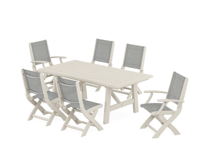 POLYWOOD® Coastal Folding Chair 7-Piece Rustic Farmhouse Dining Set in Sand / Metallic Sling