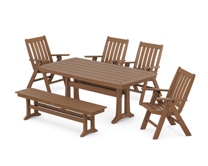 POLYWOOD® Vineyard Folding Chair 6-Piece Dining Set with Trestle Legs and Bench in Teak