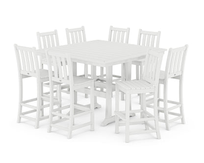 POLYWOOD® Traditional Garden 9-Piece Nautical Trestle Bar Set in White
