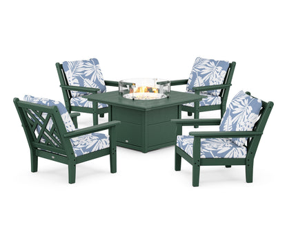POLYWOOD® Chippendale 5-Piece Deep Seating Set with Fire Pit Table in Green / Leaf Sky Blue
