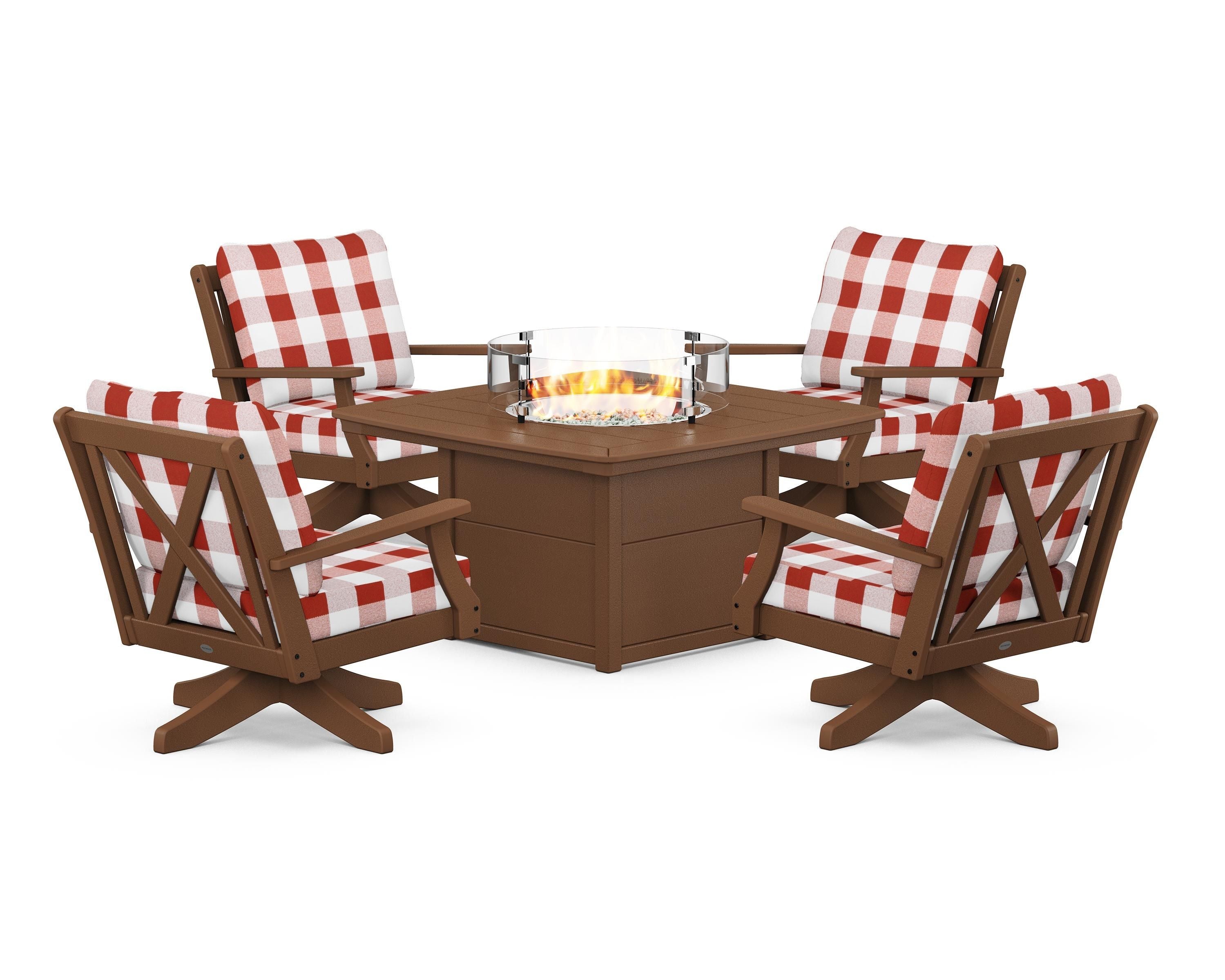 POLYWOOD® Braxton 5-Piece Deep Seating Swivel Conversation Set with Fire Pit Table in Teak / Buffalo Plaid Crimson