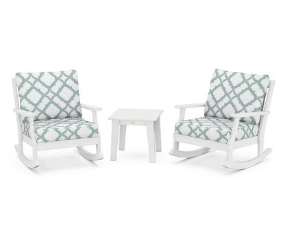 POLYWOOD® Braxton 3-Piece Deep Seating Rocker Set in White / Trellis Glacier Spa