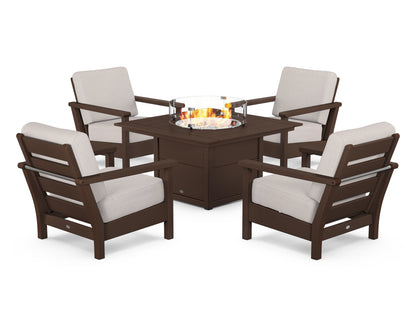 POLYWOOD® Harbour 5-Piece Conversation Set with Fire Pit Table in Mahogany / Dune Burlap