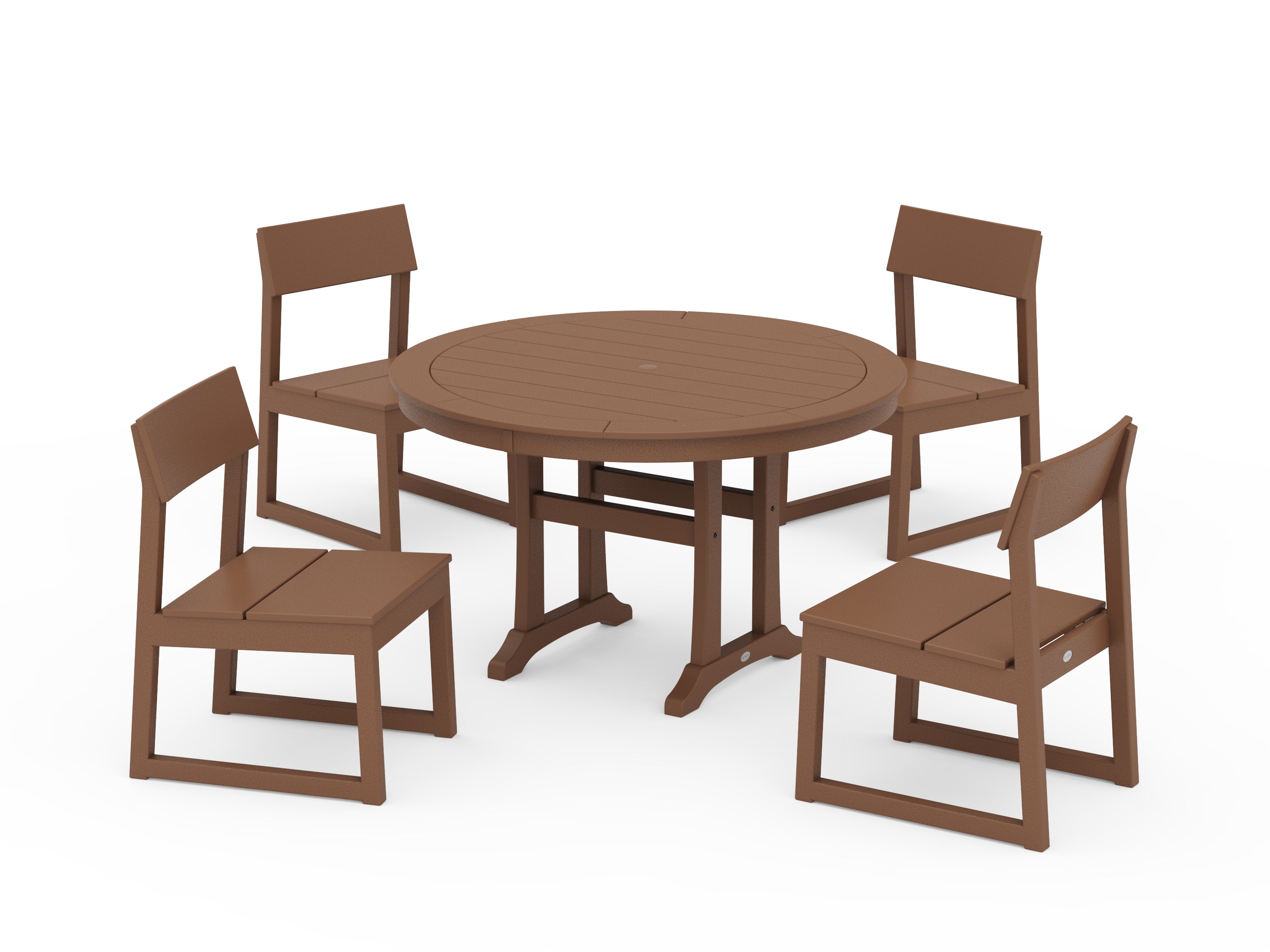 POLYWOOD® EDGE Side Chair 5-Piece Round Dining Set With Trestle Legs in Teak